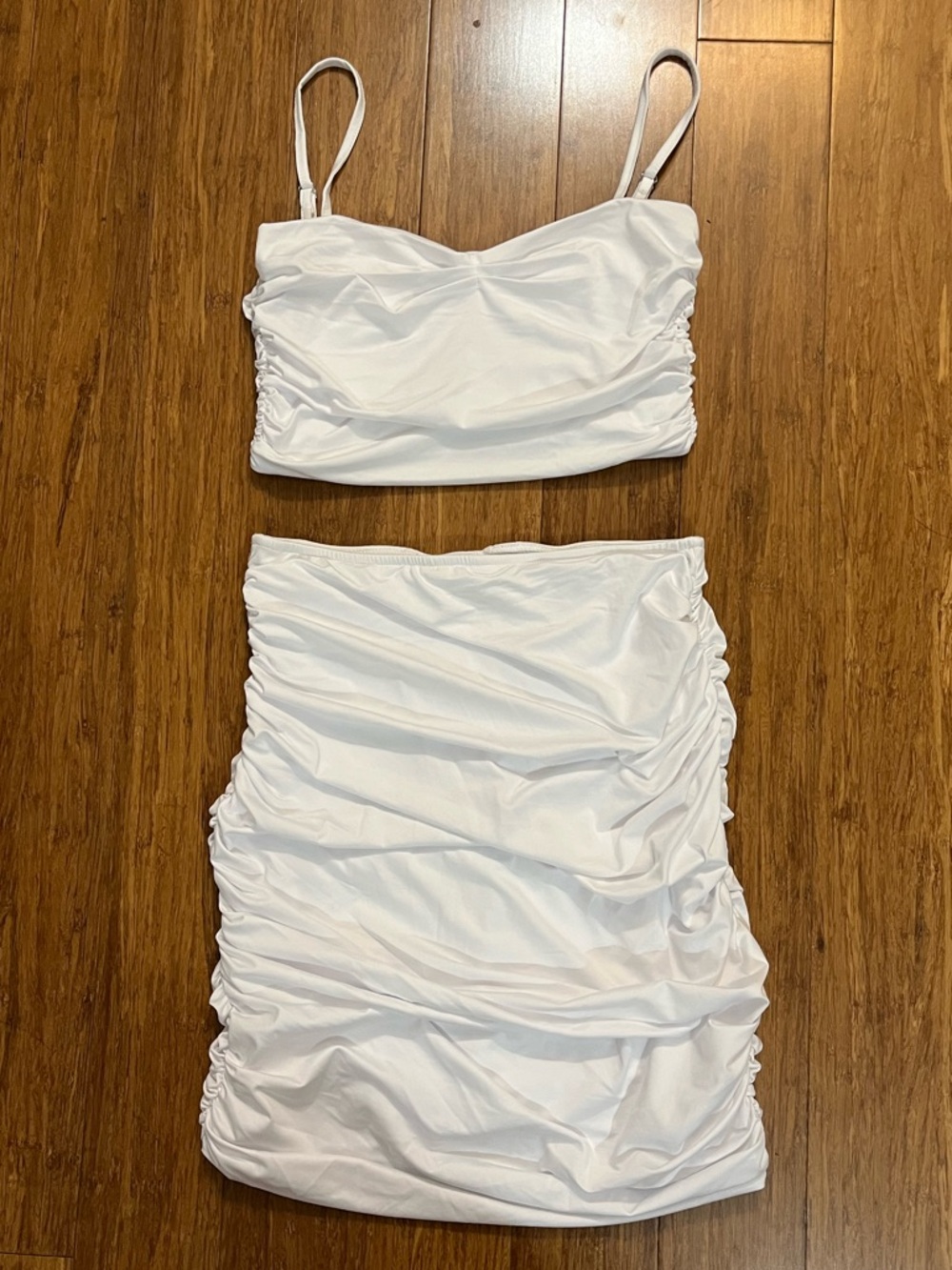 White Ruched Midi Skirt Set